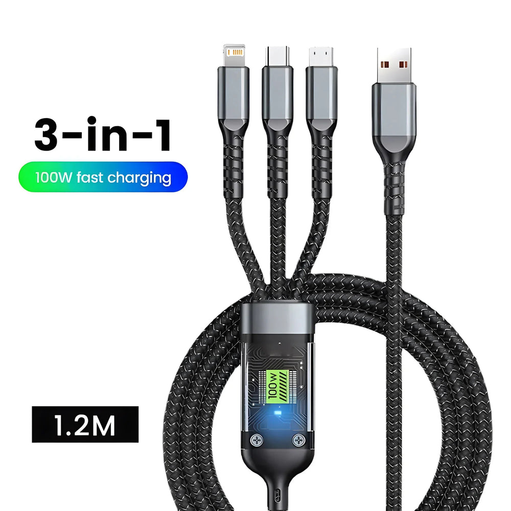 Cable de Carga Rápida 3 en 1, 100W | 3-in-1 Fast Charging Cable 100W