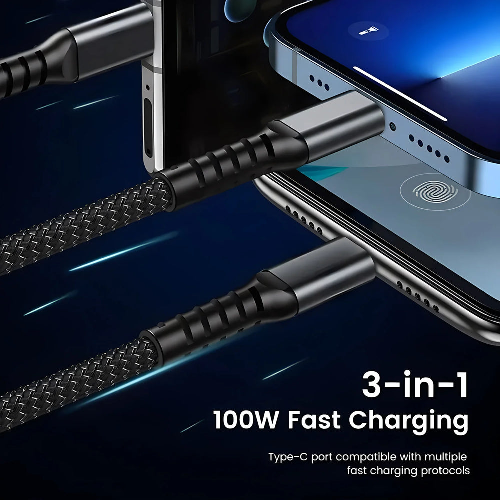 Cable de Carga Rápida 3 en 1, 100W | 3-in-1 Fast Charging Cable 100W