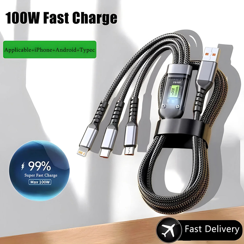 Cable de Carga Rápida 3 en 1, 100W | 3-in-1 Fast Charging Cable 100W